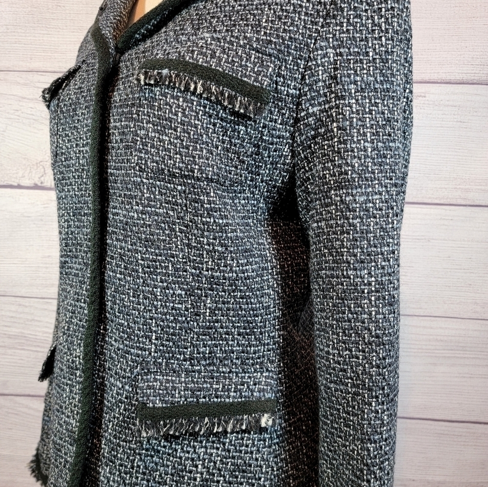 𝅺ELIE Tahari Tweed Fringe Wool Blend Jacket Black and White - Picture 6 of 9